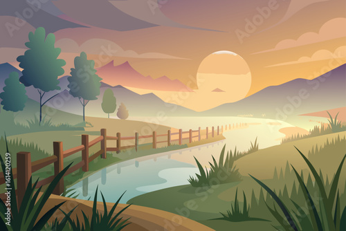 Sunrise Over A Foggy Riverside Farmland With Wooden Fences