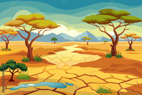 Sun Baked Savanna With Scattered Acacia Trees And Dry Grass