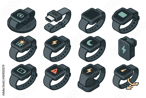 Collection of smartwatches with icons on dark bands and assorted functions