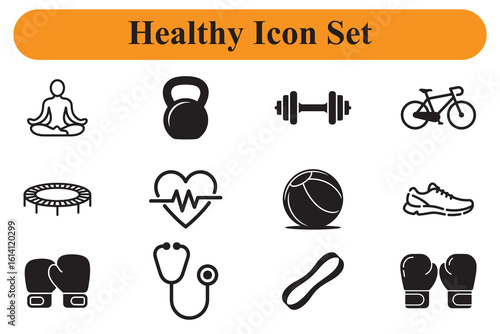 Healthy lifestyle icons for fitness and wellness yoga kettlebell