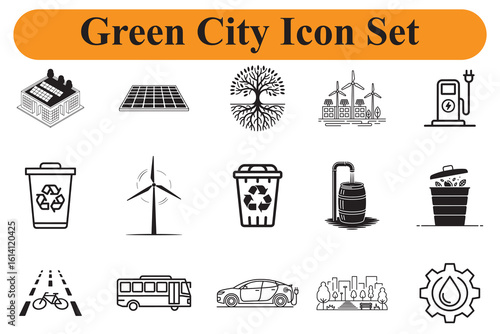 Green city icons for sustainable urban living and renewable energy vector