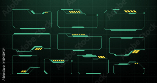 Set of hud interface game ui elements and sci fi target control panels. Futuristic retro frame design for cyber technology.
