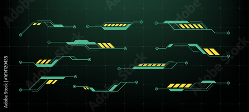 Futuristic hud vector graphics elements set in retro colors. Heads up display interface for user experience design and ui.