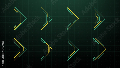 Set of abstract right arrows with retro colors. HUD vector graphic element. Digital user interface design concept.