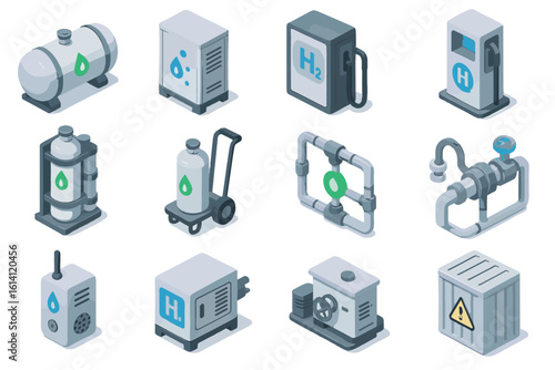 Hydrogen energy equipment icons for storage and distribution