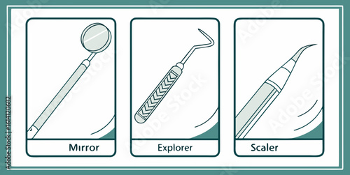 Dental instruments set including mirror explorer and scaler for oral hygiene and dental care illustration