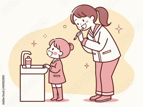 Illustration of mother and child brushing teeth for dental health and hygiene routine guidance concept