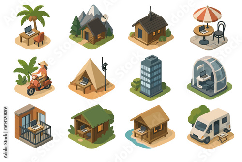 Isometric remote workspaces: outdoor home office concepts and work environments