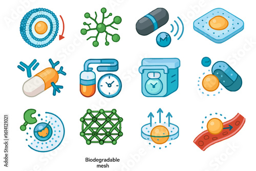 Biodegradable mesh and drug delivery icons with capsules and molecules