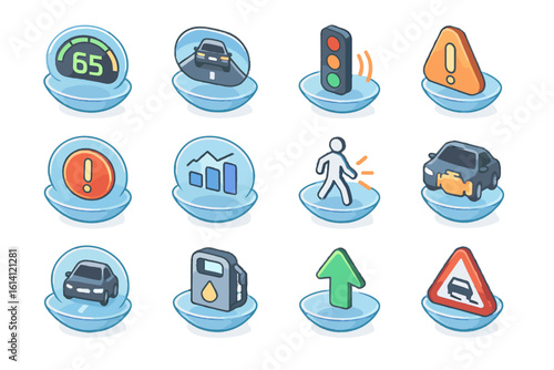 Colorful transport icons with cars, traffic lights, and warning symbols