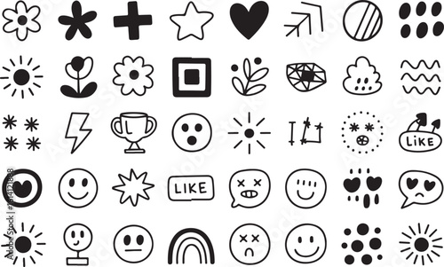 Black and white doodle icons of nature shapes and emotions flower star