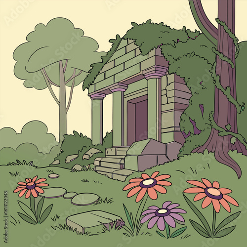 Ancient stone ruins reclaimed by nature featuring lush green vines and vibrant blooming flowers evoking a sense of forgotten history and natural beauty