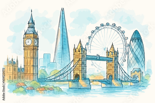 London Skyline Vector – Watercolor Sketch of Iconic UK Landmarks.