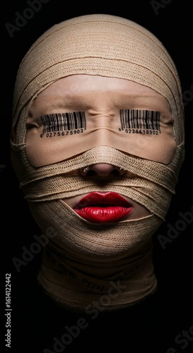 Woman with bandaged face and bold red lips in dark background  