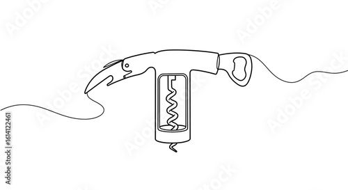 Continuous line drawing of corkscrew bottle opener in minimalist style