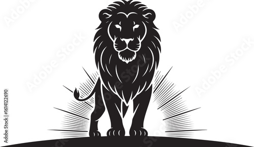 Majestic lion standing with radiating lines black white