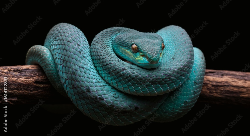 Fototapeta premium Emerald Serpent: A striking studio shot of a vibrant emerald snake coiled gracefully on a weathered branch, the snake's piercing gaze enhanced by dramatic lighting and a deep black background.