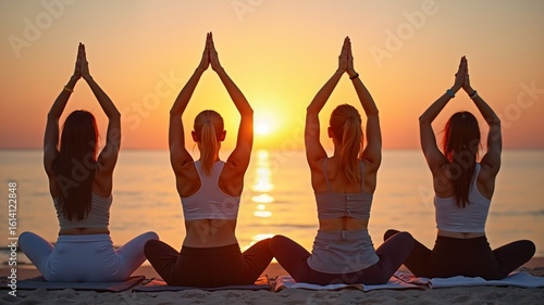Women practicing yoga together on a beach at sunset with joy
