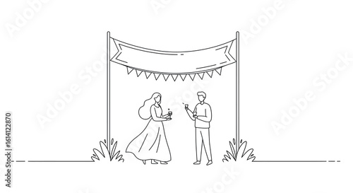 Line art minimal outdoor celebration scene with elegant couple under banner