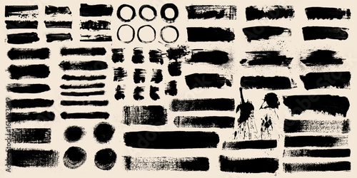 Black paint brush strokes and grunge oil paint textures. Dirty overlays, torn paper shapes, painted frames, boxes, clip art elements. Set of decorative hand drawn brush design on white background.