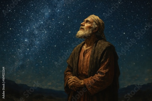 Abraham gazing at countless stars while God promises descendants as numerous as celestial lights