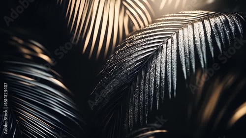 Dramatic, close-up shot of palm leaves, dark and moody with golden light accents