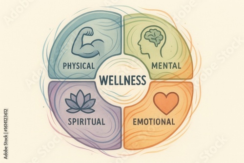 Holistic wellness wheel with interconnected elements of physical mental emotional spiritual health