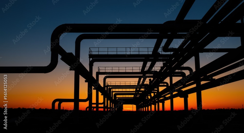 Fototapeta premium Industrial Pipeline Silhouette at Sunset: A Symphony of Lines and Fiery Sky