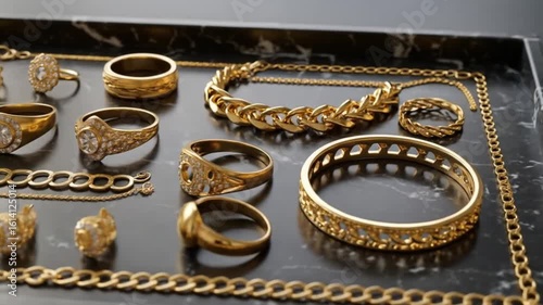Display of various gold jewelry pieces including rings bracelets and necklaces on tray