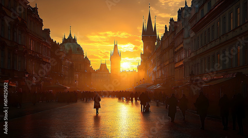 Prague's Golden Hour: Silhouetted Figures on Cobblestone Street