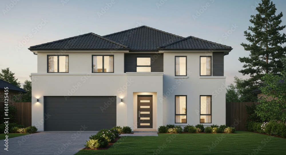 Modern Two-Story Home with Dark Accents and Lush Green Lawn at Dusk Modern Two-Story Home with Dark Accents and Lush Green Lawn at Dusk