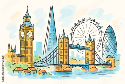 EuroSketch London—Hand-Drawn Watercolor Cityscape with Famous Landmarks.
