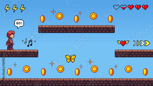 Pixel art game level with a boy character, coins, and platforms. Retro gaming screen for app development.