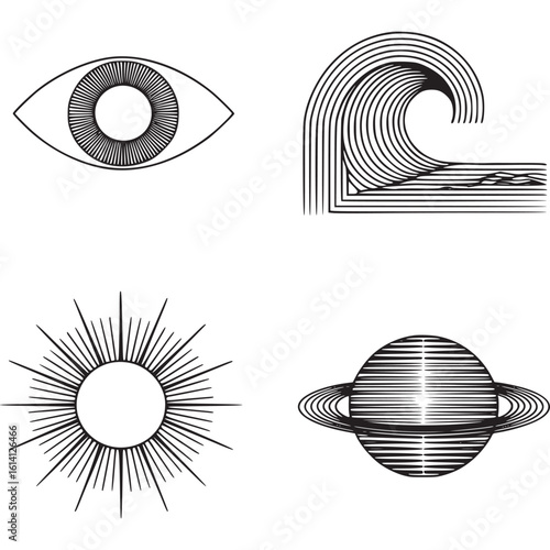 Geometric line art featuring an eye wave sun and saturn in a minimalist design on a white background on transparent background
