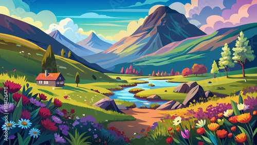 Beautiful landscape of Glencoe, Scotland featuring lush forest, colorful flowers, and a tranquil mountain valley under a bright sky with clouds.