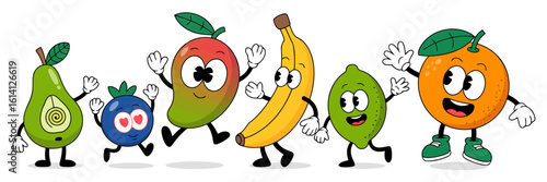Animated fruits dancing and waving cartoon avocado