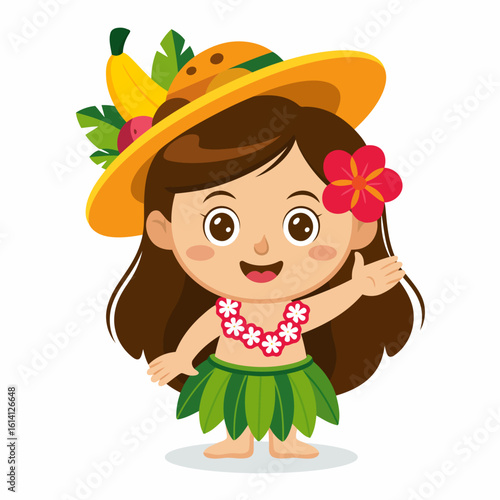 Hawaiian girl with flower lei and fruit hat cartoon