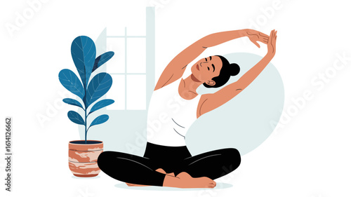 Woman stretching indoors with plant yoga meditation