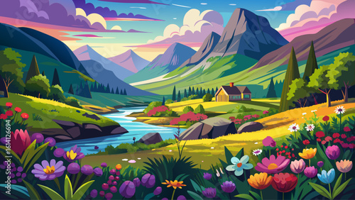 Beautiful landscape of Glencoe, Scotland featuring lush forest, colorful flowers, and a tranquil mountain valley under a bright sky with clouds.