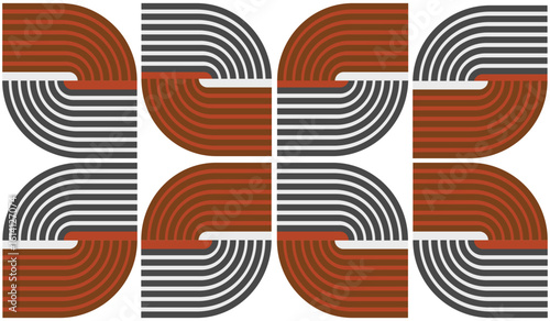 Abstract geometric stripes seamless pattern in metallic black, white, burnt orange and brown