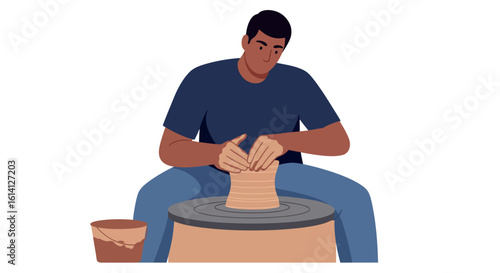 Man crafting clay pot on wheel in minimalist art style
