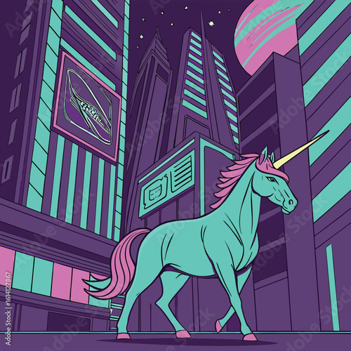 A majestic unicorn illuminated by vibrant neon lights stands against a sprawling futuristic cityscape at night evoking a sense of wonder and advanced technology