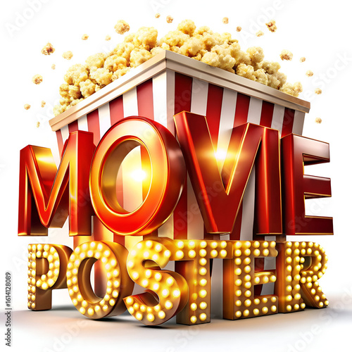 The words movie poster illuminated by marquee lights, with a overflowing bucket of popcorn above