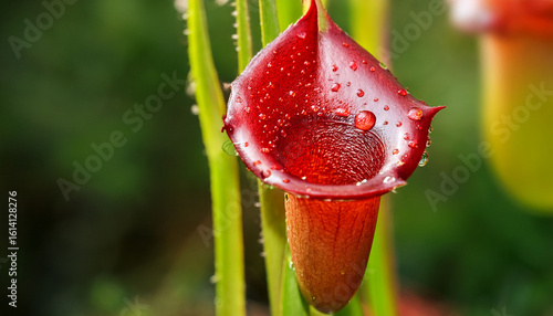 vibrant red pitcher plant with water droplets on green stem