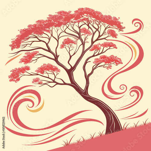 Digital illustration of a young girl tenderly holding a vibrant krishnachura flower showcasing delicate details and rich colors in a vector format