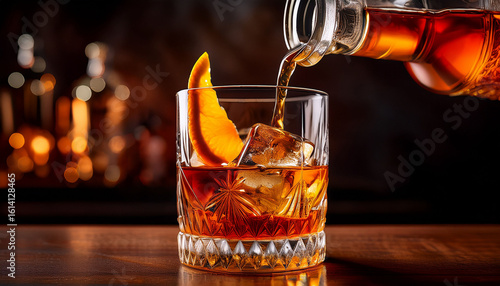 whiskey or bourbon is poured into a glass with ice to create a classic old fashioned cocktail which is then garnished with an orange peel and set against a background that allows for ample copy