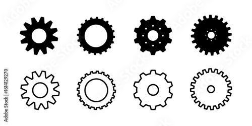 Cartoon vector illustration of black gear silhouette in line art style isolated on white background.	