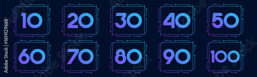Set of collection numbers 10 to 100 with technology vector illustration. Circuit with numbers 10, 20, 30, 40, 50, 60, 70, 80, 90, 100 for greetings, anniversaries, discounts and more.