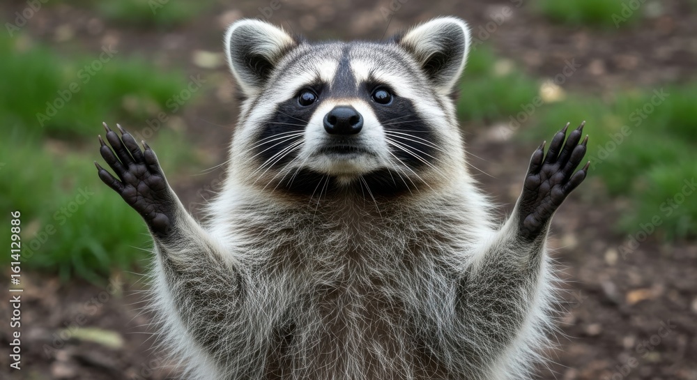 Obraz premium A raccoon with its paws up looks like it is begging for something