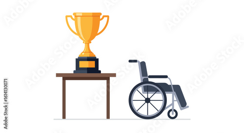 Wheelchair next to winning trophy on table highlighting achievement and inclusion